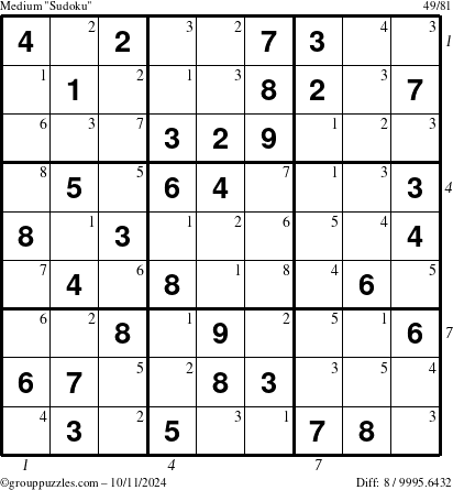 The grouppuzzles.com Medium Sudoku puzzle for Friday October 11, 2024 with all 8 steps marked