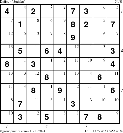 The grouppuzzles.com Difficult Sudoku puzzle for Friday October 11, 2024 with all 13 steps marked