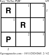 The grouppuzzles.com Easy TicTac-PQR puzzle for Friday October 11, 2024 with all 2 steps marked