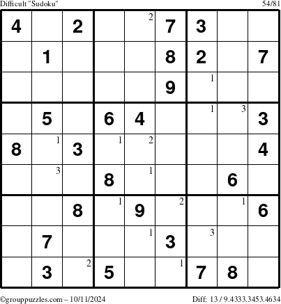 The grouppuzzles.com Difficult Sudoku puzzle for Friday October 11, 2024 with the first 3 steps marked