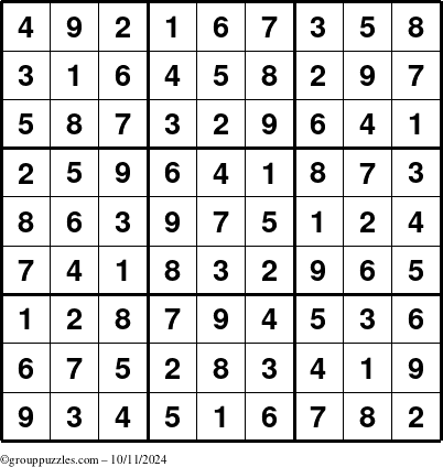 The grouppuzzles.com Answer grid for the Sudoku puzzle for Friday October 11, 2024