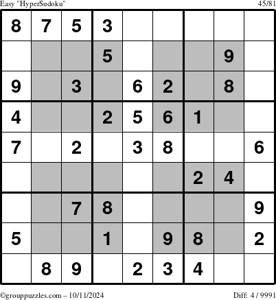 The grouppuzzles.com Easy HyperSudoku puzzle for Friday October 11, 2024