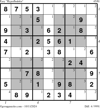 The grouppuzzles.com Easy HyperSudoku puzzle for Friday October 11, 2024 with all 4 steps marked