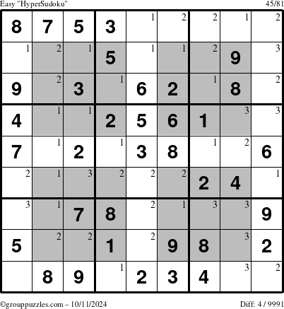 The grouppuzzles.com Easy HyperSudoku puzzle for Friday October 11, 2024 with the first 3 steps marked