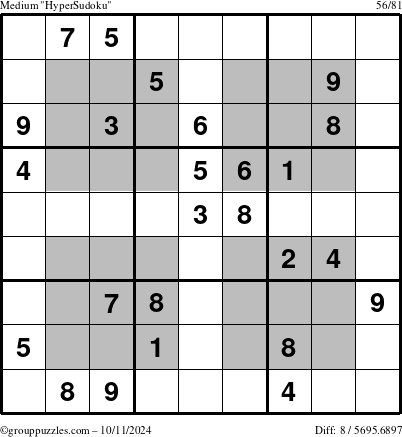 The grouppuzzles.com Medium HyperSudoku puzzle for Friday October 11, 2024