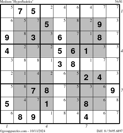 The grouppuzzles.com Medium HyperSudoku puzzle for Friday October 11, 2024, suitable for printing, with all 8 steps marked