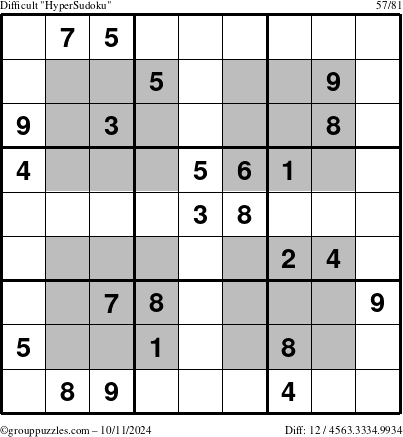 The grouppuzzles.com Difficult HyperSudoku puzzle for Friday October 11, 2024