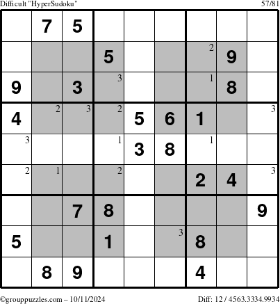 The grouppuzzles.com Difficult HyperSudoku puzzle for Friday October 11, 2024 with the first 3 steps marked