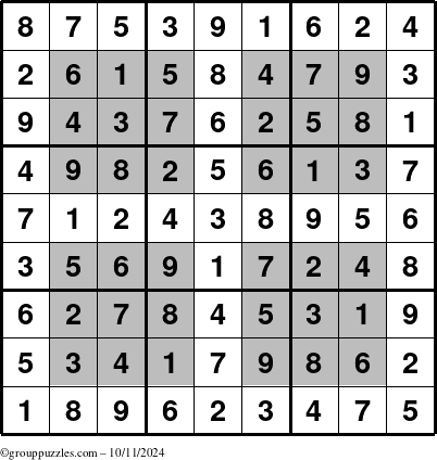 The grouppuzzles.com Answer grid for the HyperSudoku puzzle for Friday October 11, 2024