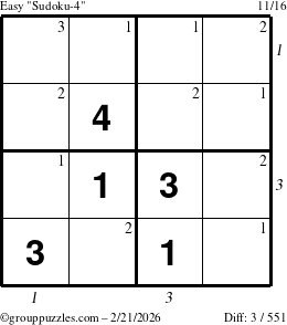 The grouppuzzles.com Easy Sudoku-4 puzzle for Saturday February 21, 2026, suitable for printing, with all 3 steps marked