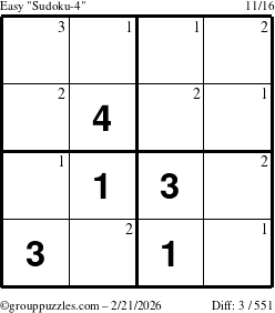 The grouppuzzles.com Easy Sudoku-4 puzzle for Saturday February 21, 2026 with the first 3 steps marked