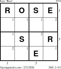 The grouppuzzles.com Easy Rose puzzle for Saturday February 21, 2026, suitable for printing, with all 2 steps marked