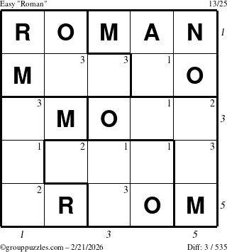 The grouppuzzles.com Easy Roman puzzle for Saturday February 21, 2026 with all 3 steps marked