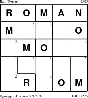 The grouppuzzles.com Easy Roman puzzle for Saturday February 21, 2026 with the first 3 steps marked