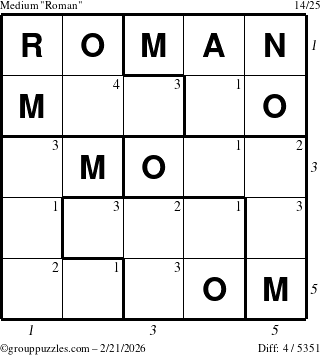 The grouppuzzles.com Medium Roman puzzle for Saturday February 21, 2026, suitable for printing, with all 4 steps marked
