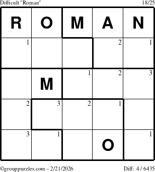 The grouppuzzles.com Difficult Roman puzzle for Saturday February 21, 2026 with the first 3 steps marked