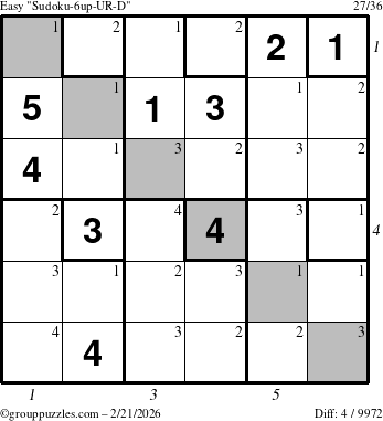 The grouppuzzles.com Easy Sudoku-6up-UR-D puzzle for Saturday February 21, 2026, suitable for printing, with all 4 steps marked