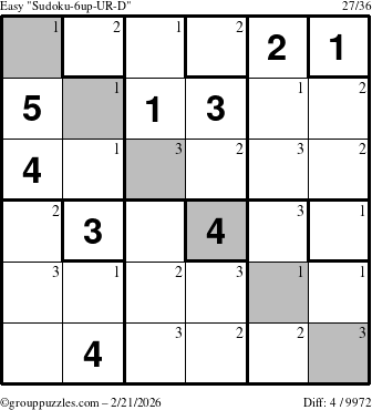 The grouppuzzles.com Easy Sudoku-6up-UR-D puzzle for Saturday February 21, 2026 with the first 3 steps marked