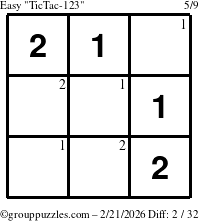 The grouppuzzles.com Easy TicTac-123 puzzle for Saturday February 21, 2026 with the first 2 steps marked