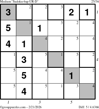 The grouppuzzles.com Medium Sudoku-6up-UR-D puzzle for Saturday February 21, 2026, suitable for printing, with all 5 steps marked