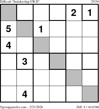 The grouppuzzles.com Difficult Sudoku-6up-UR-D puzzle for Saturday February 21, 2026