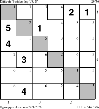 The grouppuzzles.com Difficult Sudoku-6up-UR-D puzzle for Saturday February 21, 2026 with all 6 steps marked
