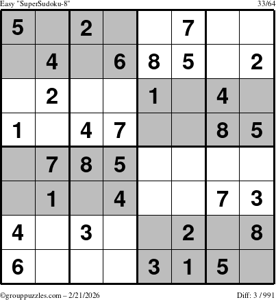 The grouppuzzles.com Easy SuperSudoku-8 puzzle for Saturday February 21, 2026