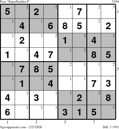 The grouppuzzles.com Easy SuperSudoku-8 puzzle for Saturday February 21, 2026 with all 3 steps marked