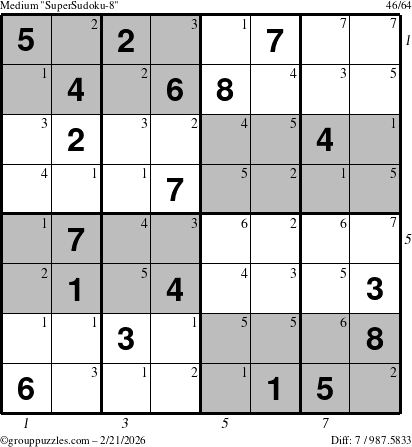 The grouppuzzles.com Medium SuperSudoku-8 puzzle for Saturday February 21, 2026, suitable for printing, with all 7 steps marked