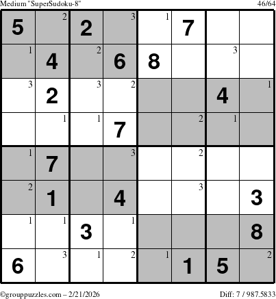 The grouppuzzles.com Medium SuperSudoku-8 puzzle for Saturday February 21, 2026 with the first 3 steps marked