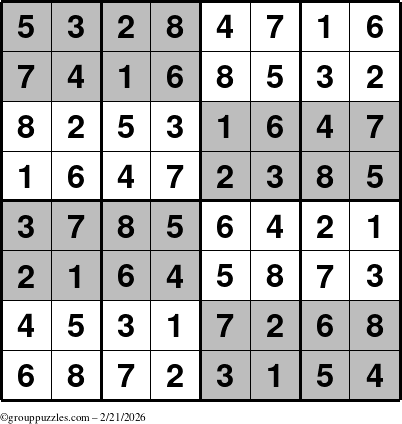 The grouppuzzles.com Answer grid for the SuperSudoku-8 puzzle for Saturday February 21, 2026