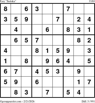 The grouppuzzles.com Easy Sudoku puzzle for Saturday February 21, 2026