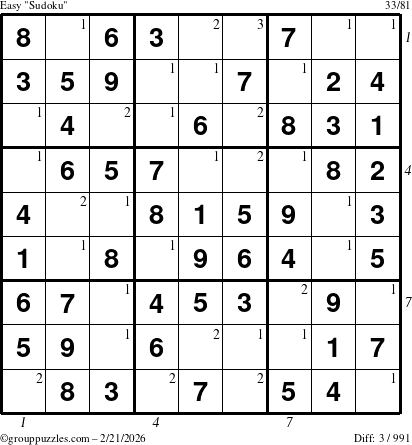 The grouppuzzles.com Easy Sudoku puzzle for Saturday February 21, 2026, suitable for printing, with all 3 steps marked