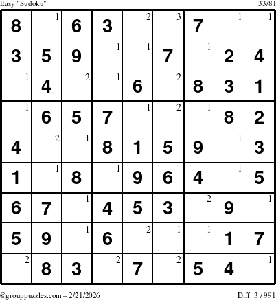 The grouppuzzles.com Easy Sudoku puzzle for Saturday February 21, 2026 with the first 3 steps marked