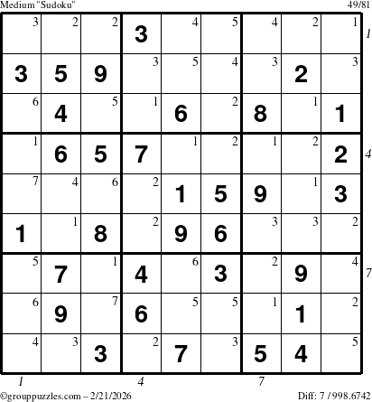 The grouppuzzles.com Medium Sudoku puzzle for Saturday February 21, 2026, suitable for printing, with all 7 steps marked