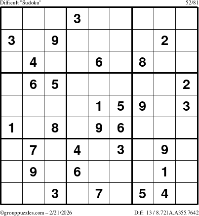 The grouppuzzles.com Difficult Sudoku puzzle for Saturday February 21, 2026