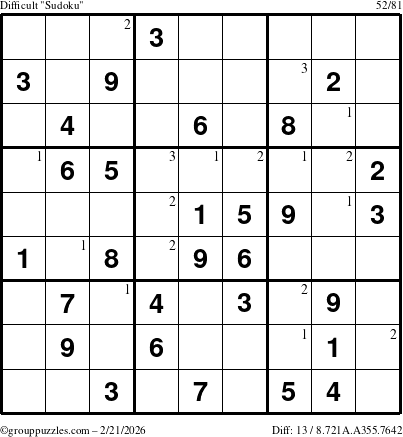 The grouppuzzles.com Difficult Sudoku puzzle for Saturday February 21, 2026 with the first 3 steps marked