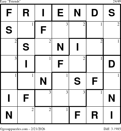 The grouppuzzles.com Easy Friends puzzle for Saturday February 21, 2026 with the first 3 steps marked
