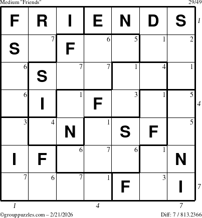 The grouppuzzles.com Medium Friends puzzle for Saturday February 21, 2026 with all 7 steps marked