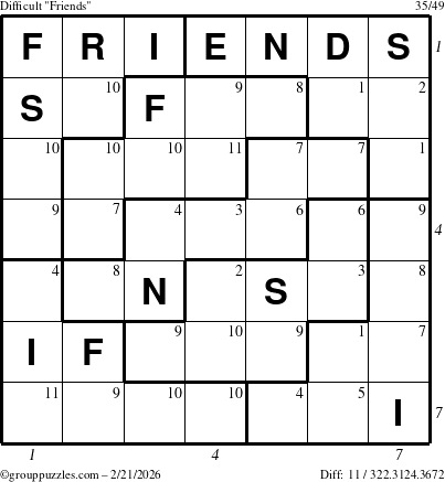 The grouppuzzles.com Difficult Friends puzzle for Saturday February 21, 2026 with all 11 steps marked