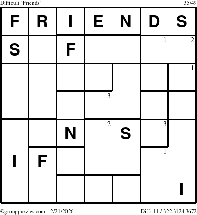 The grouppuzzles.com Difficult Friends puzzle for Saturday February 21, 2026 with the first 3 steps marked