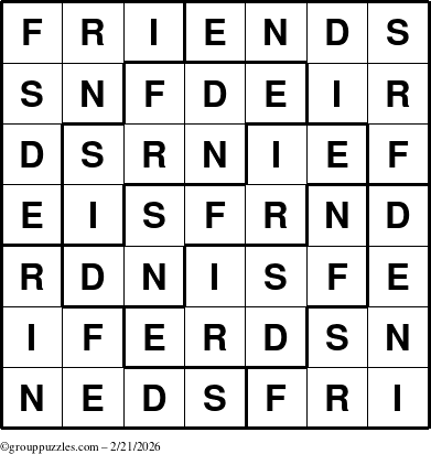 The grouppuzzles.com Answer grid for the Friends puzzle for Saturday February 21, 2026