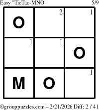 The grouppuzzles.com Easy TicTac-MNO puzzle for Saturday February 21, 2026 with the first 2 steps marked