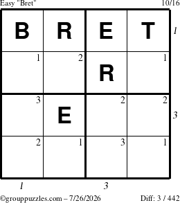 The grouppuzzles.com Easy Bret puzzle for Sunday July 26, 2026 with all 3 steps marked
