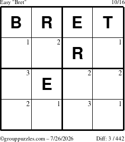 The grouppuzzles.com Easy Bret puzzle for Sunday July 26, 2026 with the first 3 steps marked