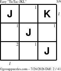 The grouppuzzles.com Easy TicTac-JKL puzzle for Sunday July 26, 2026 with all 2 steps marked