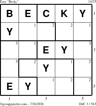 The grouppuzzles.com Easy Becky puzzle for Sunday July 26, 2026 with all 3 steps marked