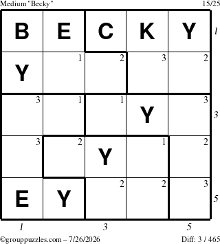 The grouppuzzles.com Medium Becky puzzle for Sunday July 26, 2026, suitable for printing, with all 3 steps marked