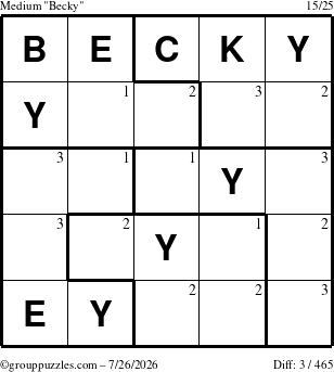 The grouppuzzles.com Medium Becky puzzle for Sunday July 26, 2026 with the first 3 steps marked