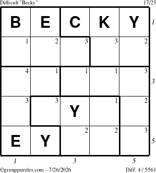 The grouppuzzles.com Difficult Becky puzzle for Sunday July 26, 2026, suitable for printing, with all 4 steps marked